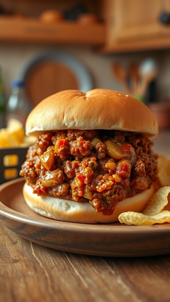 A messy Sloppy Joe sandwich with ground beef in sauce on a bun, served with potato chips.